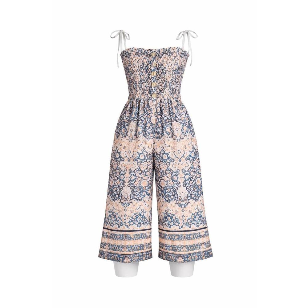 Blue Island Boho Paisley Smocked Wide Leg Jumpsuit Blue Peach Medium